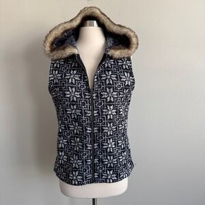 Talbots Womens Blue Snowflake Fair Isle Full Zip Vest Faux Fur Hood Medium
